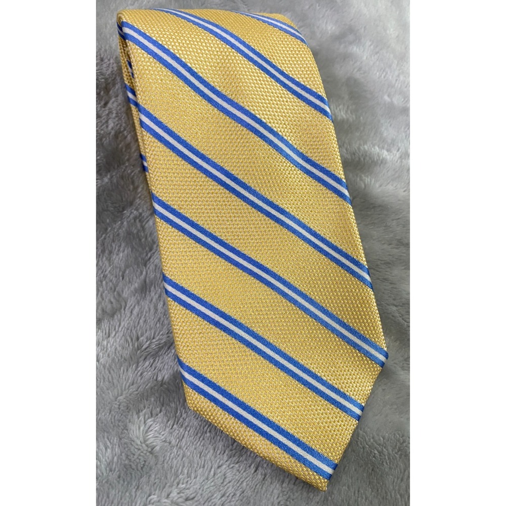 Tommy Hilfiger Striped 100% Silk Tie Yellow Blue White 61"x 3" Business Work